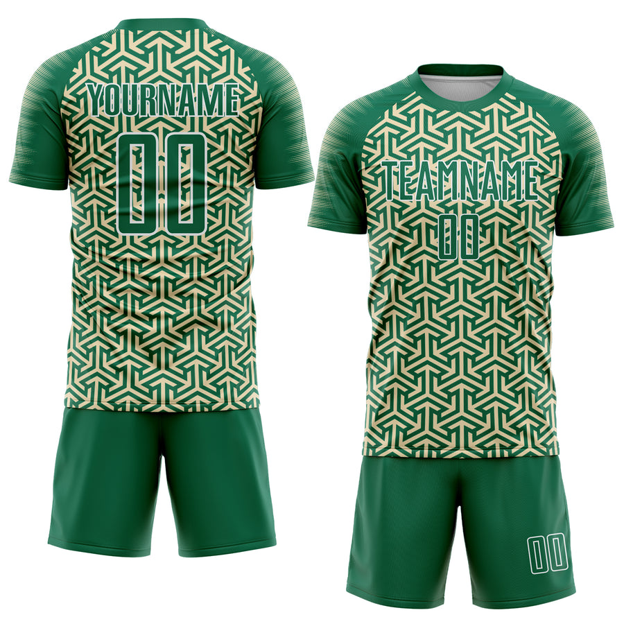 Custom Kelly Green Cream-White Geometric Arrow Sublimation Soccer Uniform Jersey
