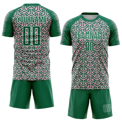 Custom Kelly Green Light Pink-White Geometric Arrow Sublimation Soccer Uniform Jersey