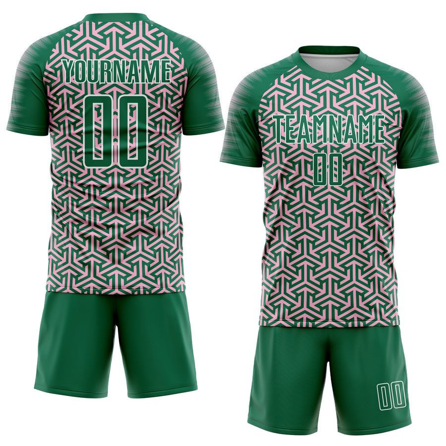 Custom Kelly Green Light Pink-White Geometric Arrow Sublimation Soccer Uniform Jersey