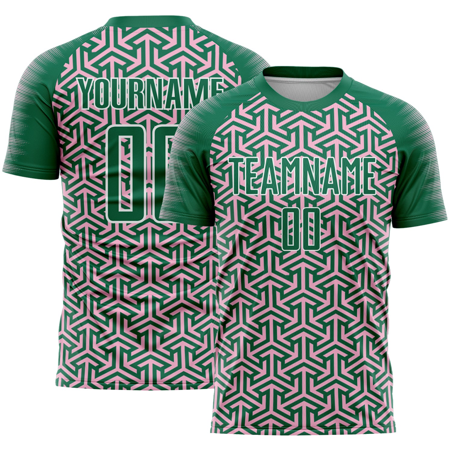 Custom Kelly Green Light Pink-White Geometric Arrow Sublimation Soccer Uniform Jersey
