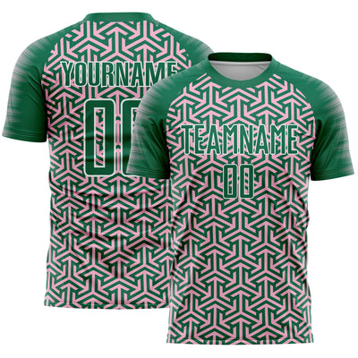 Custom Kelly Green Light Pink-White Geometric Arrow Sublimation Soccer Uniform Jersey