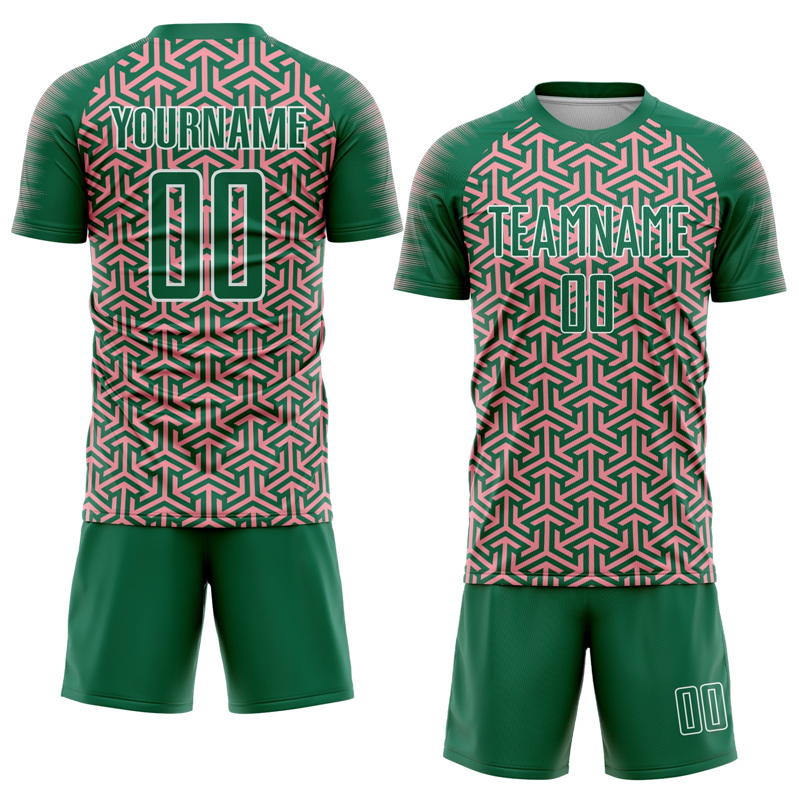Custom Kelly Green Medium Pink-White Geometric Arrow Sublimation Soccer Uniform Jersey