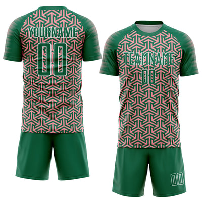 Custom Kelly Green Medium Pink-White Geometric Arrow Sublimation Soccer Uniform Jersey