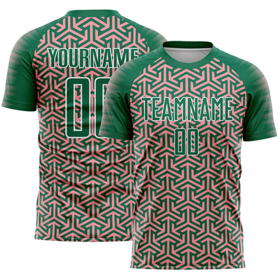 Custom Kelly Green Medium Pink-White Geometric Arrow Sublimation Soccer Uniform Jersey