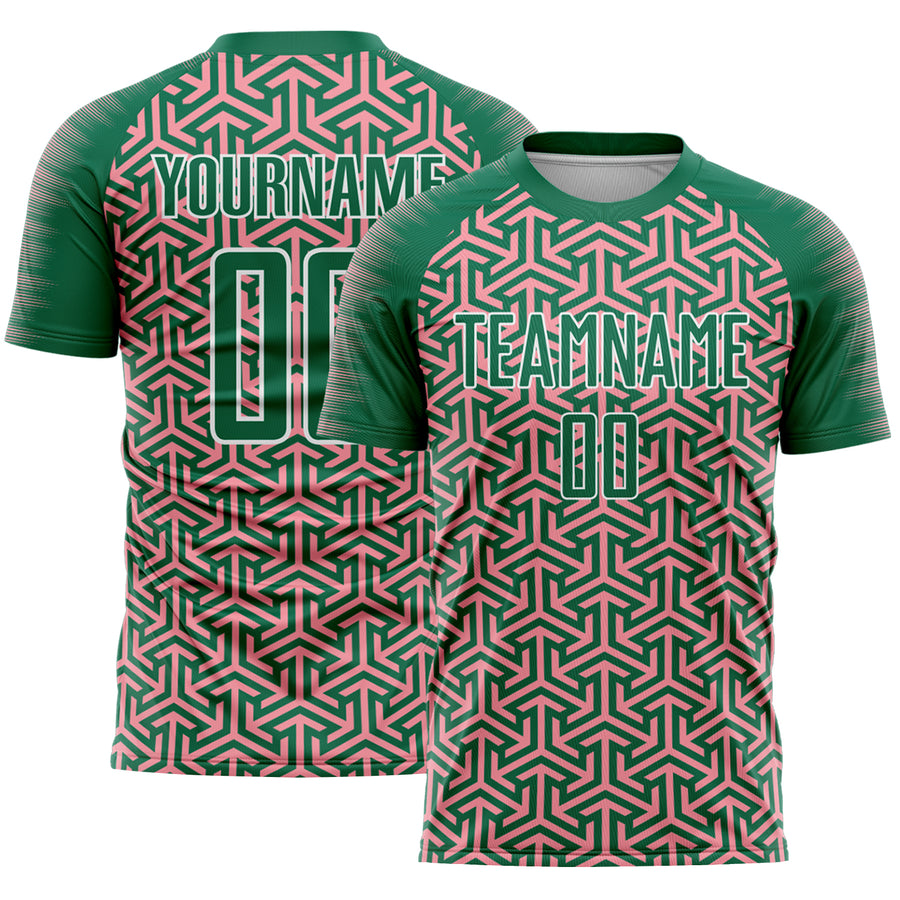 Custom Kelly Green Medium Pink-White Geometric Arrow Sublimation Soccer Uniform Jersey