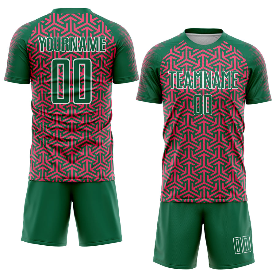 Custom Kelly Green Neon Pink-White Geometric Arrow Sublimation Soccer Uniform Jersey