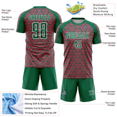 Custom Kelly Green Neon Pink-White Geometric Arrow Sublimation Soccer Uniform Jersey