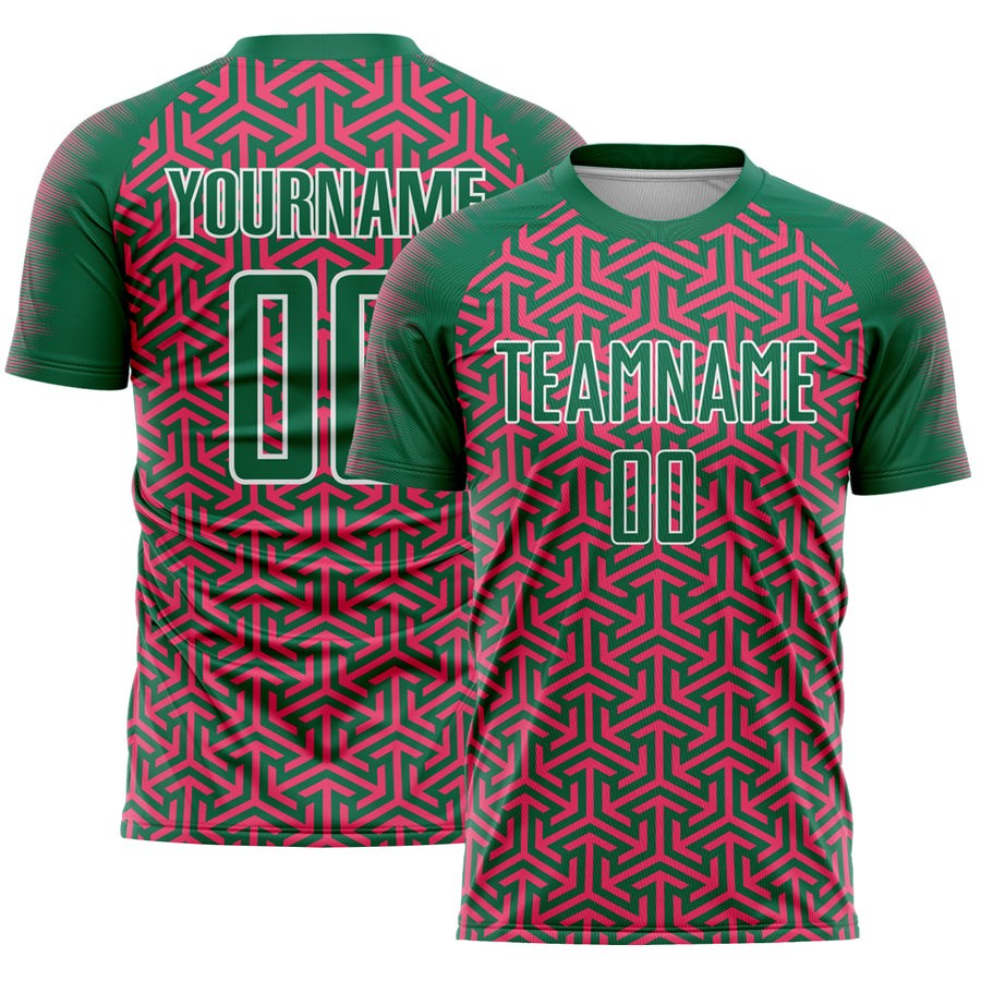 Custom Kelly Green Neon Pink-White Geometric Arrow Sublimation Soccer Uniform Jersey