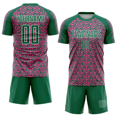 Custom Kelly Green Pink-White Geometric Arrow Sublimation Soccer Uniform Jersey
