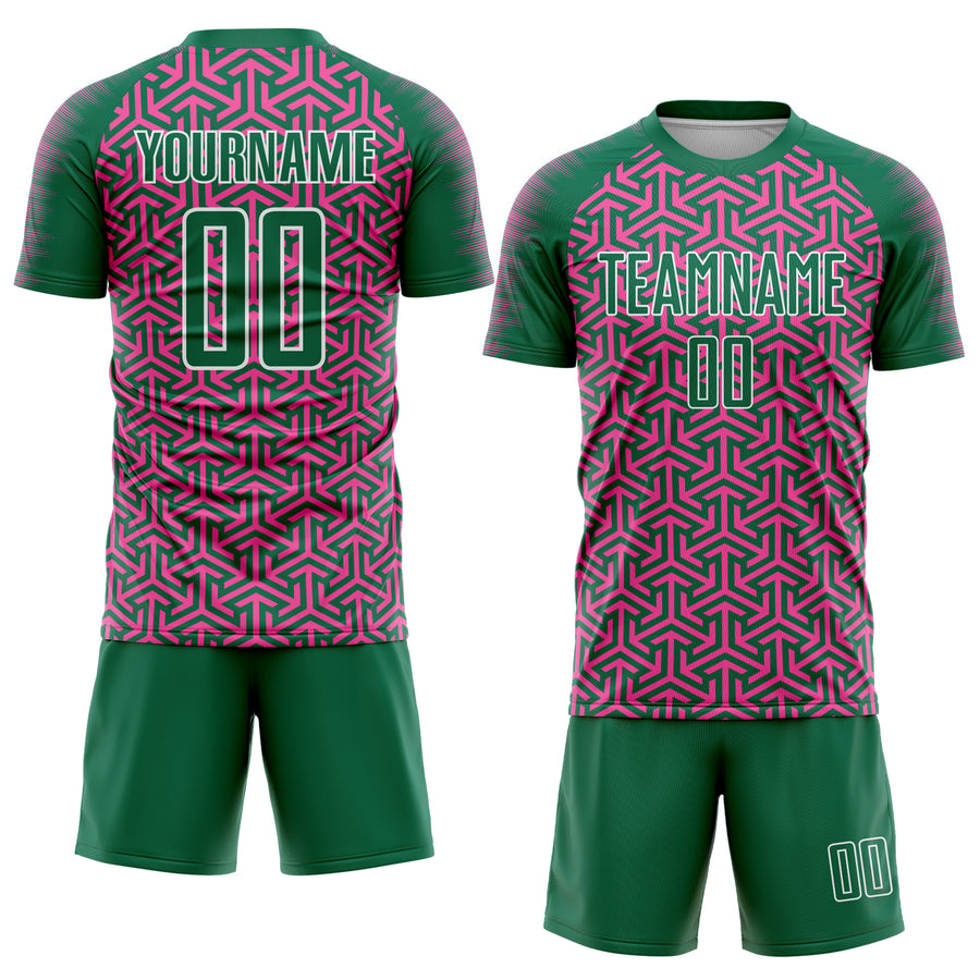 Custom Kelly Green Pink-White Geometric Arrow Sublimation Soccer Uniform Jersey