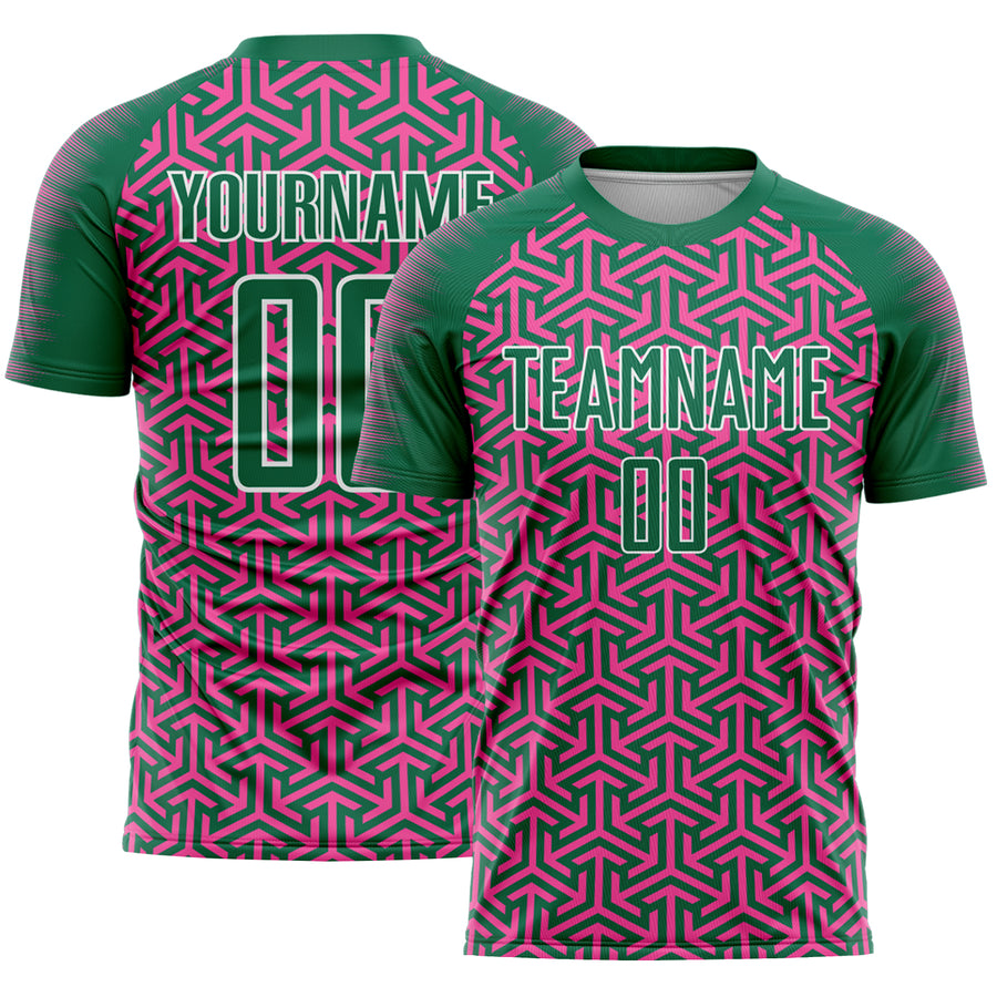 Custom Kelly Green Pink-White Geometric Arrow Sublimation Soccer Uniform Jersey