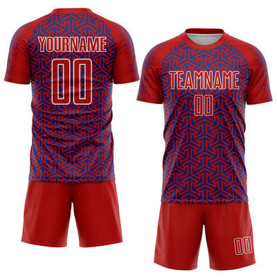 Custom Red Royal-White Geometric Arrow Sublimation Soccer Uniform Jersey