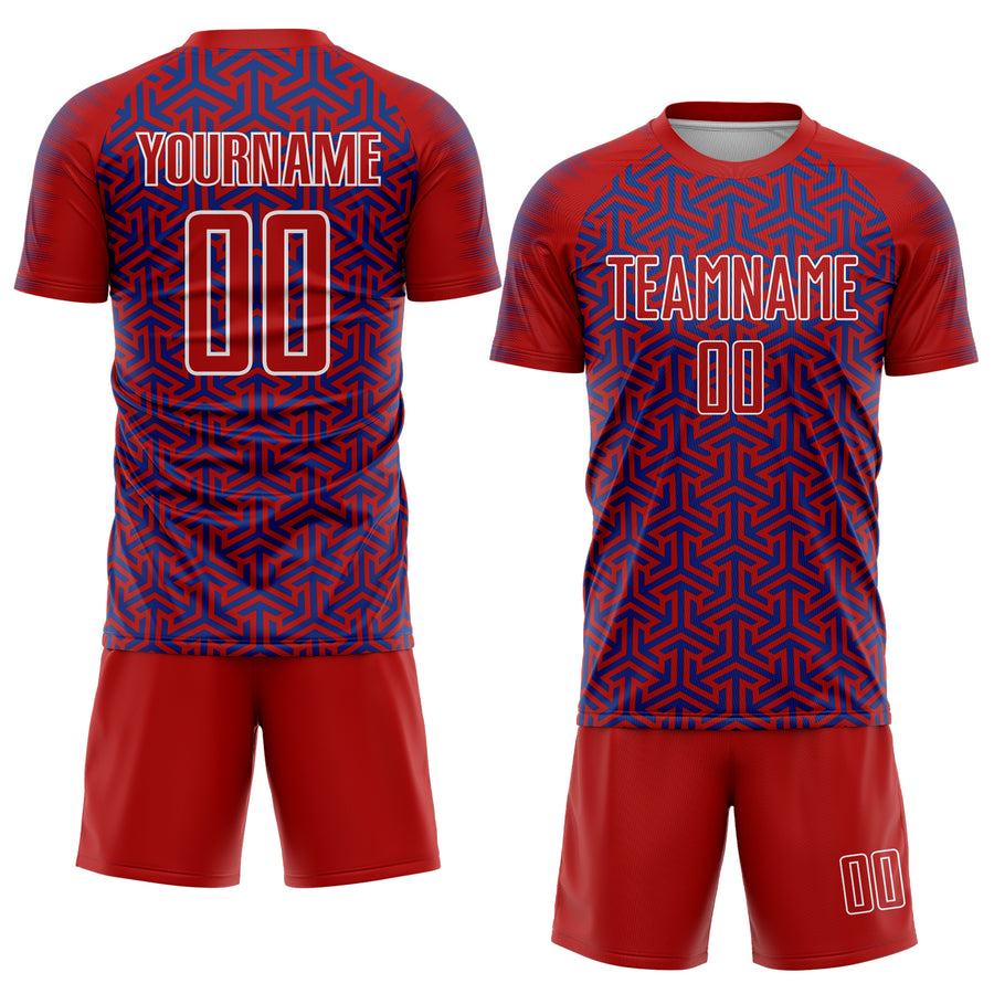 Custom Red Royal-White Geometric Arrow Sublimation Soccer Uniform Jersey