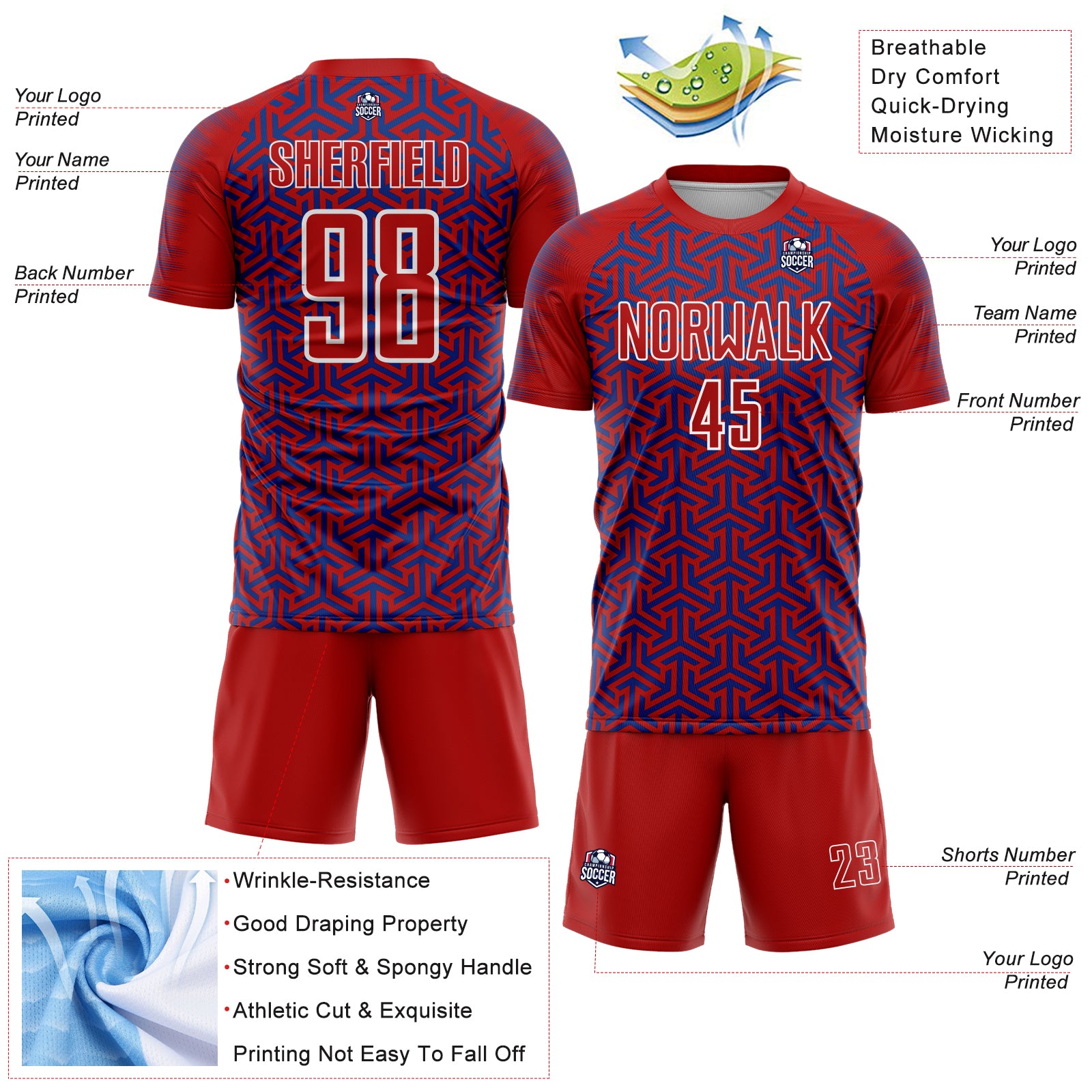 Custom Red Royal-White Geometric Arrow Sublimation Soccer Uniform Jersey
