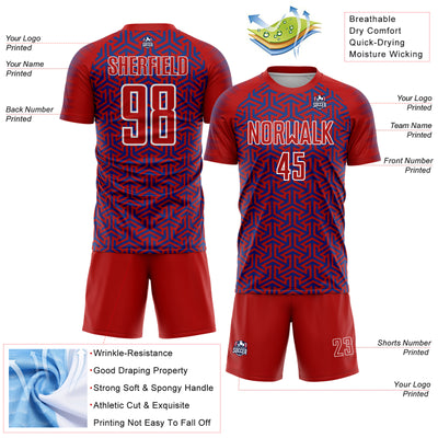 Custom Red Royal-White Geometric Arrow Sublimation Soccer Uniform Jersey