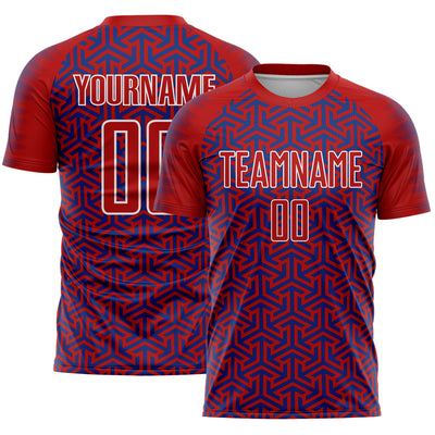Custom Red Royal-White Geometric Arrow Sublimation Soccer Uniform Jersey