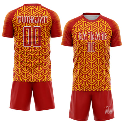 Custom Red Gold-White Geometric Arrow Sublimation Soccer Uniform Jersey