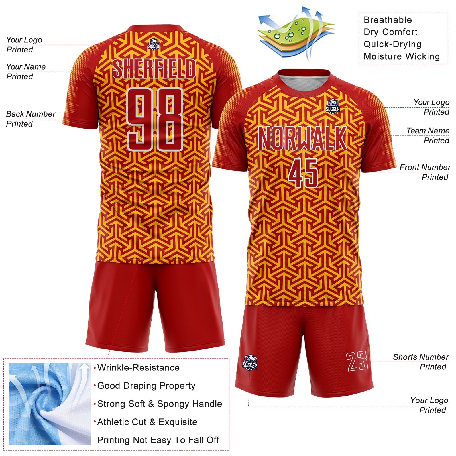 Custom Red Gold-White Geometric Arrow Sublimation Soccer Uniform Jersey