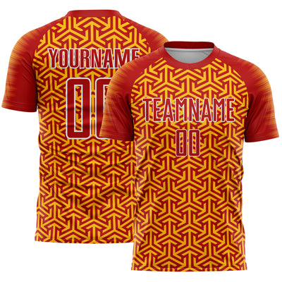 Custom Red Gold-White Geometric Arrow Sublimation Soccer Uniform Jersey