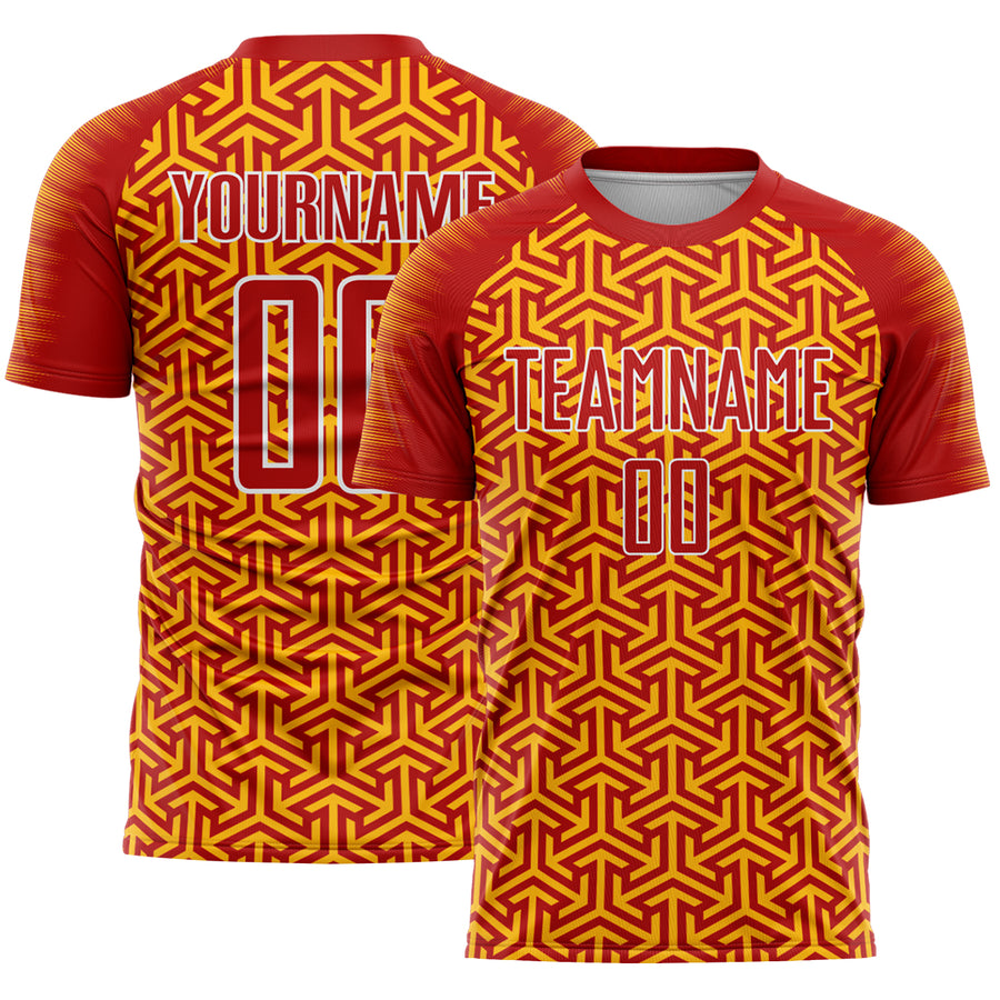 Custom Red Gold-White Geometric Arrow Sublimation Soccer Uniform Jersey
