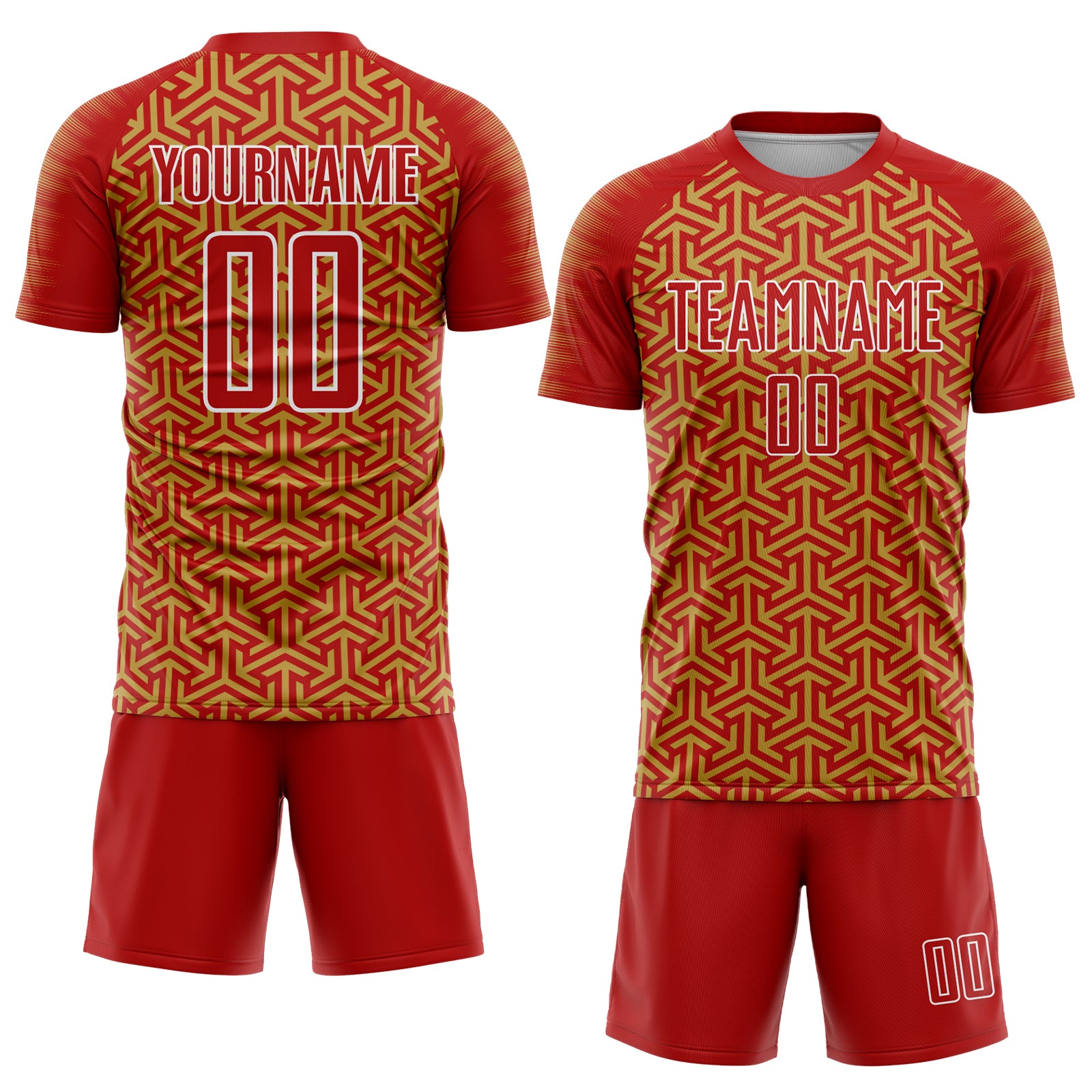 Custom Red Old Gold-White Geometric Arrow Sublimation Soccer Uniform Jersey