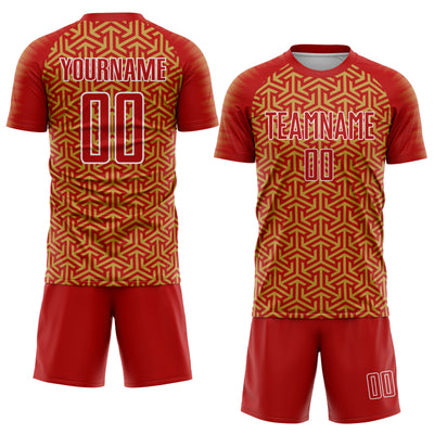Custom Red Old Gold-White Geometric Arrow Sublimation Soccer Uniform Jersey