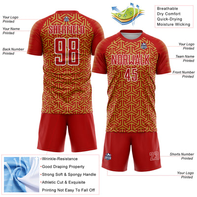 Custom Red Old Gold-White Geometric Arrow Sublimation Soccer Uniform Jersey