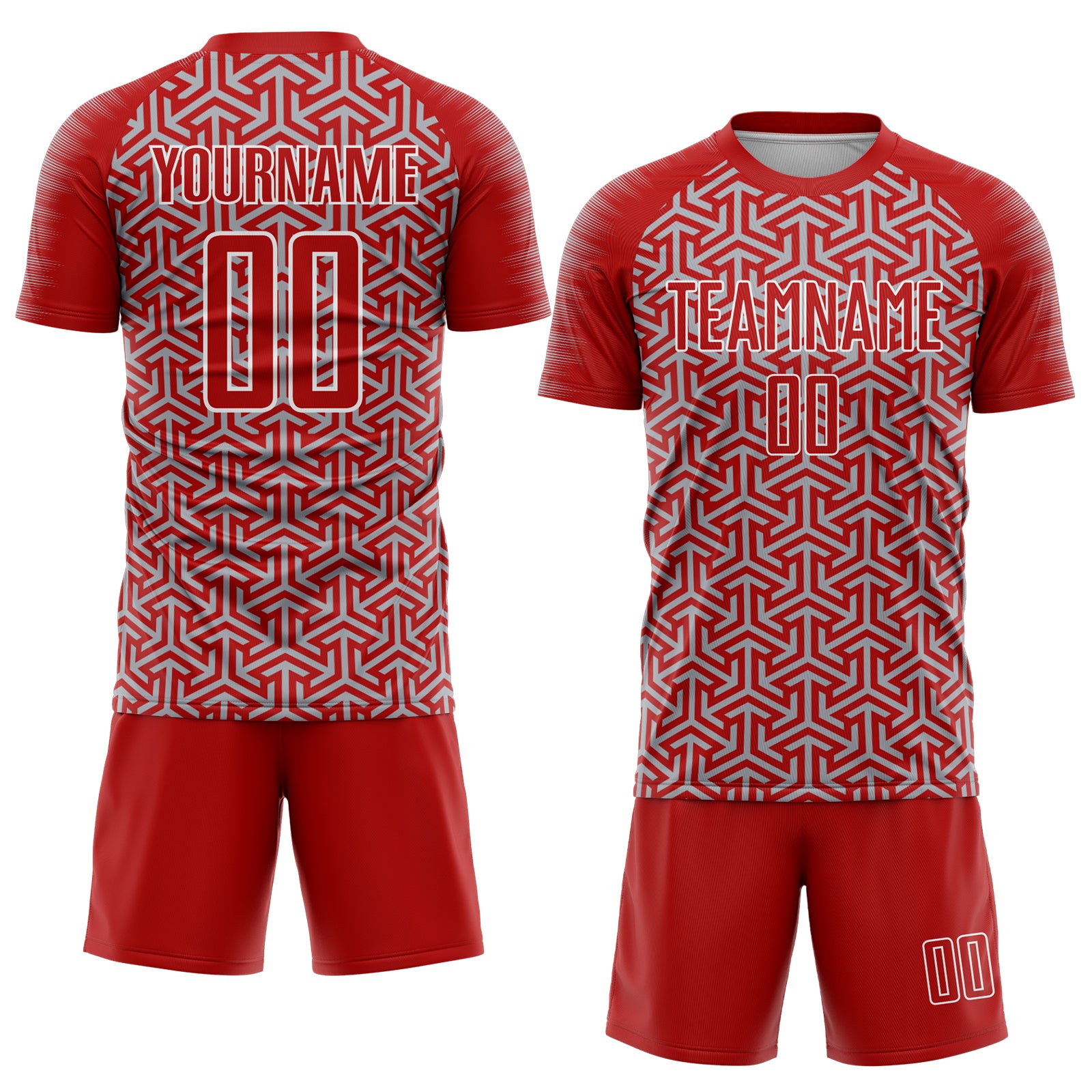 Custom Red Gray-White Geometric Arrow Sublimation Soccer Uniform Jersey