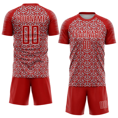 Custom Red Gray-White Geometric Arrow Sublimation Soccer Uniform Jersey