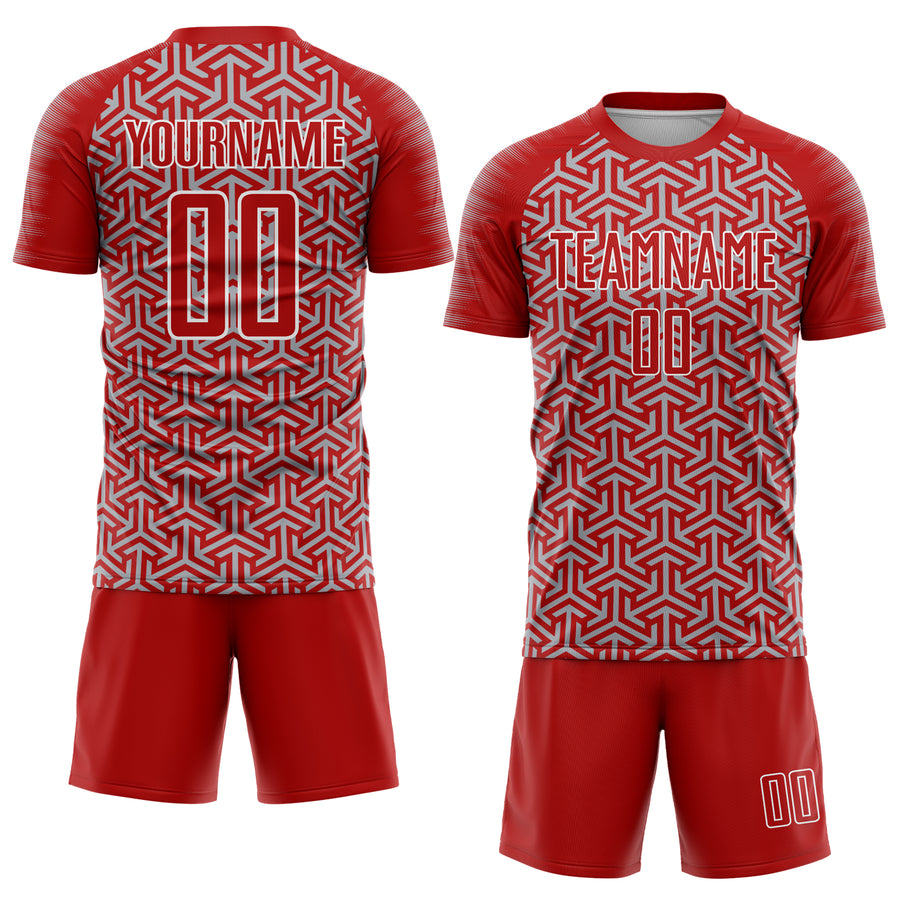 Custom Red Gray-White Geometric Arrow Sublimation Soccer Uniform Jersey