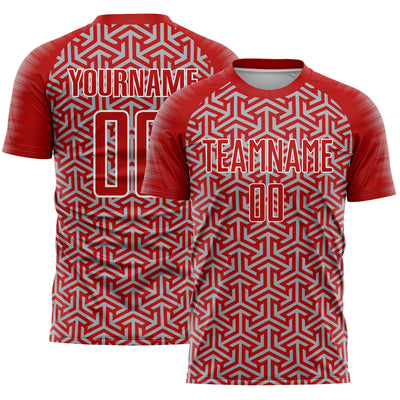 Custom Red Gray-White Geometric Arrow Sublimation Soccer Uniform Jersey