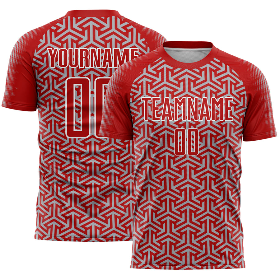Custom Red Gray-White Geometric Arrow Sublimation Soccer Uniform Jersey
