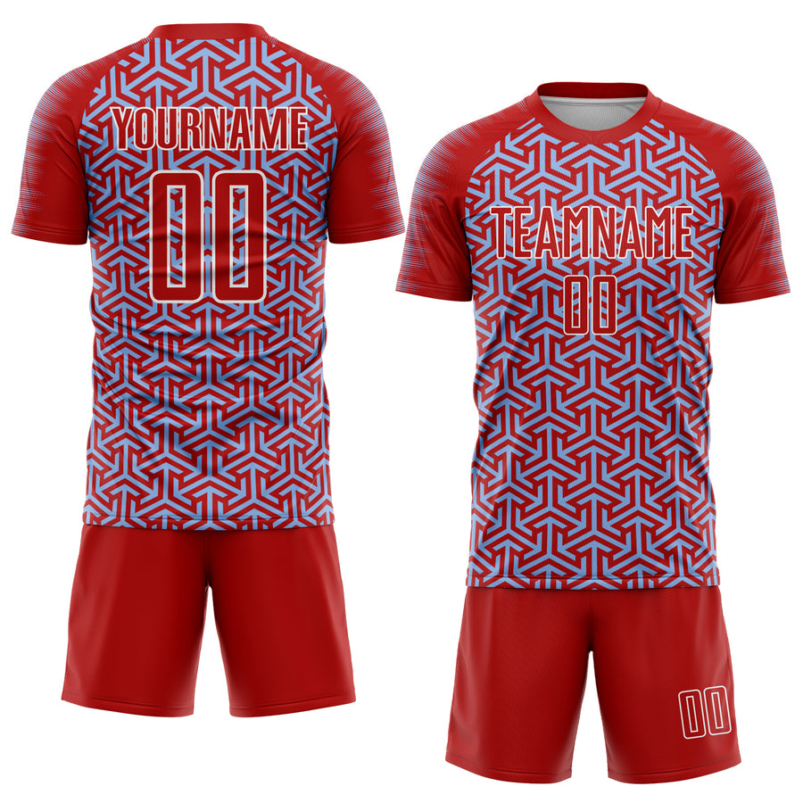 Custom Red Light Blue-White Geometric Arrow Sublimation Soccer Uniform Jersey