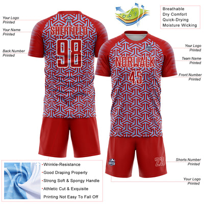 Custom Red Light Blue-White Geometric Arrow Sublimation Soccer Uniform Jersey