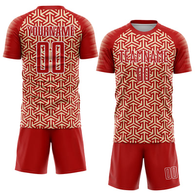 Custom Red Cream-White Geometric Arrow Sublimation Soccer Uniform Jersey