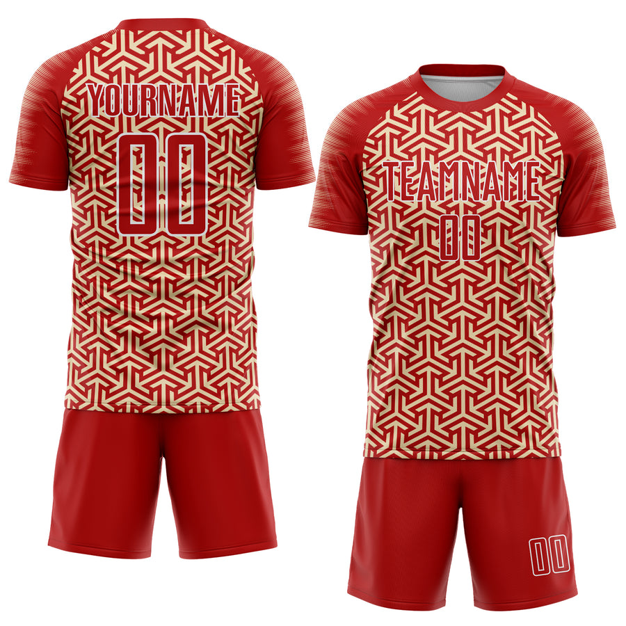 Custom Red Cream-White Geometric Arrow Sublimation Soccer Uniform Jersey