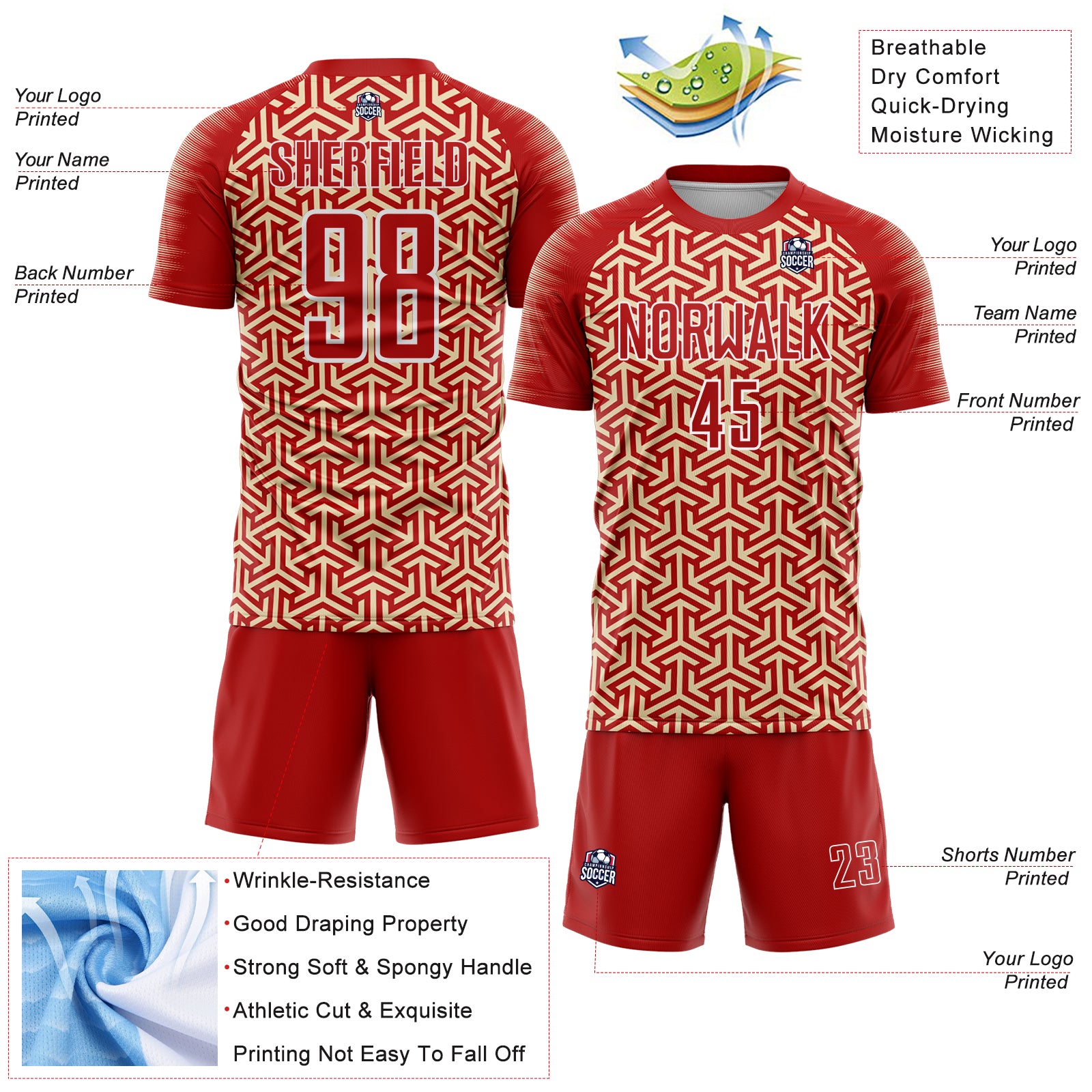 Custom Red Cream-White Geometric Arrow Sublimation Soccer Uniform Jersey