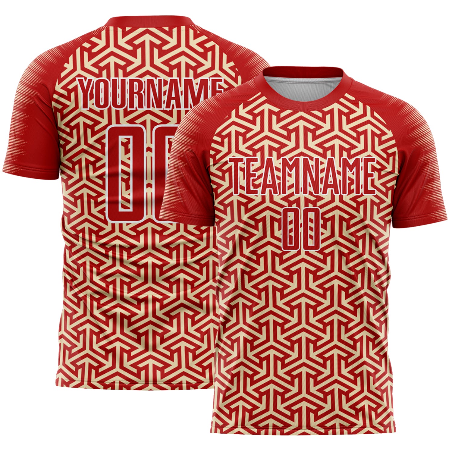 Custom Red Cream-White Geometric Arrow Sublimation Soccer Uniform Jersey