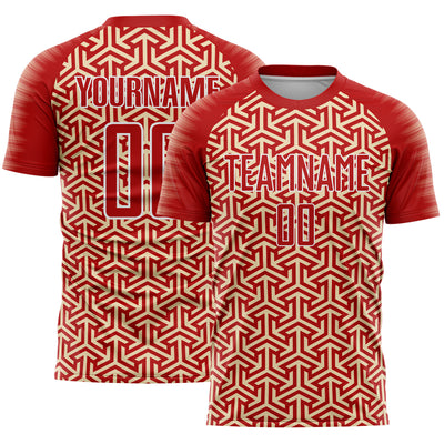 Custom Red Cream-White Geometric Arrow Sublimation Soccer Uniform Jersey