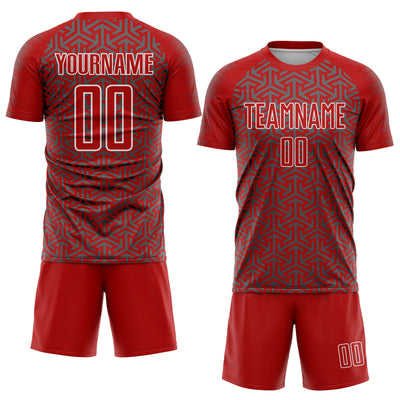 Custom Red Steel Gray-White Geometric Arrow Sublimation Soccer Uniform Jersey