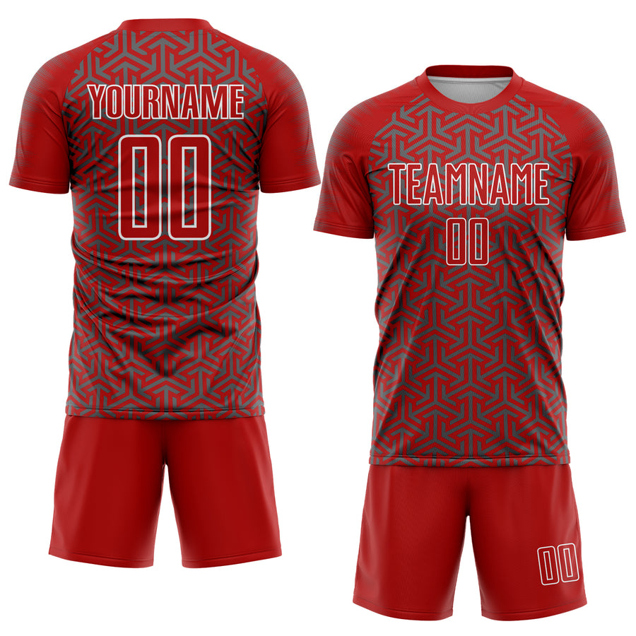 Custom Red Steel Gray-White Geometric Arrow Sublimation Soccer Uniform Jersey