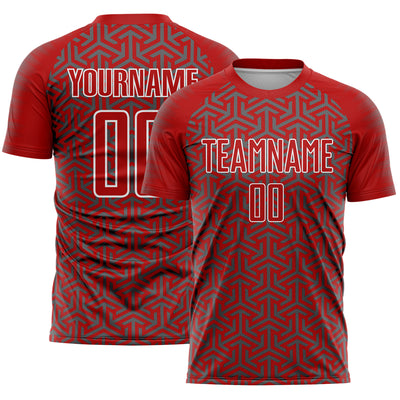 Custom Red Steel Gray-White Geometric Arrow Sublimation Soccer Uniform Jersey