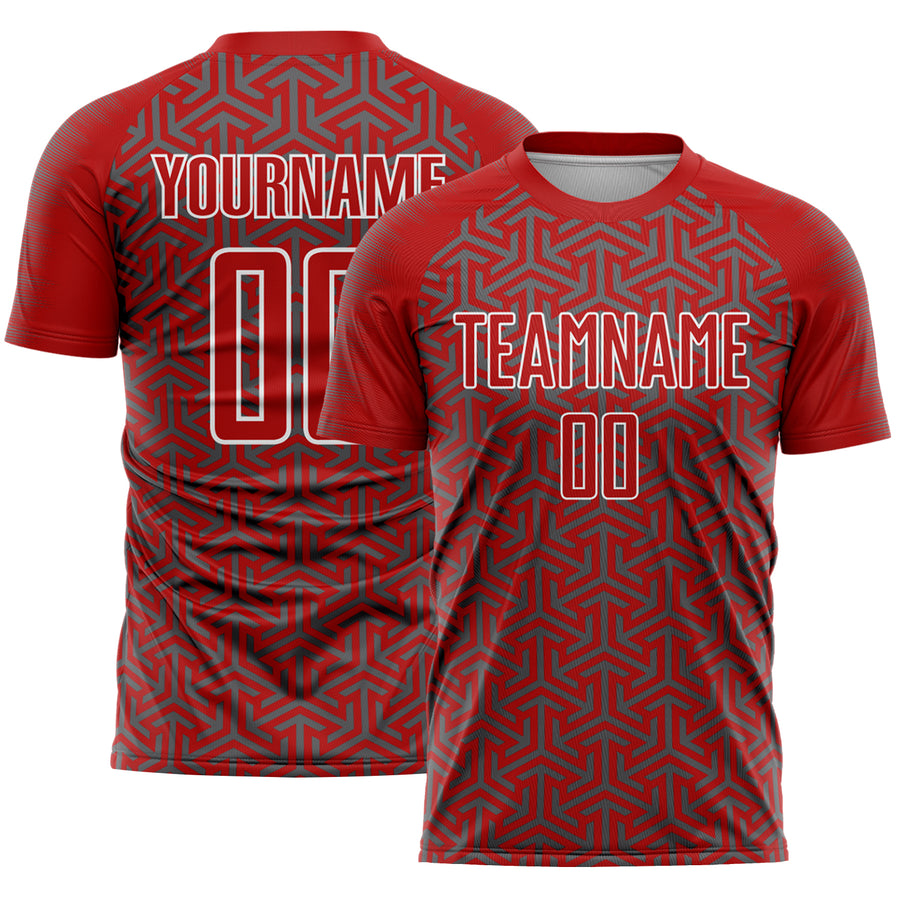 Custom Red Steel Gray-White Geometric Arrow Sublimation Soccer Uniform Jersey