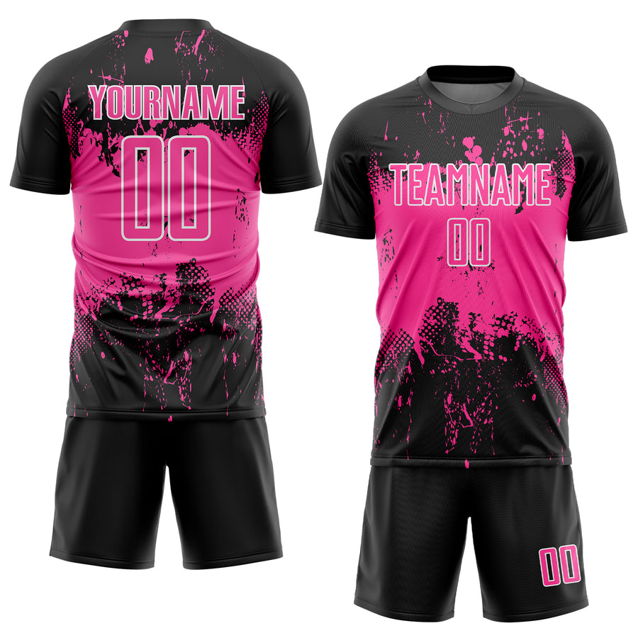 Custom Black Pink-White Abstract Splatter Grunge Art Sports Sublimation Soccer Uniform Jersey
