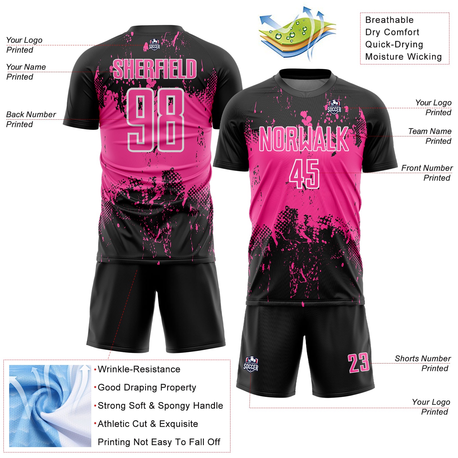 Custom Black Pink-White Abstract Splatter Grunge Art Sports Sublimation Soccer Uniform Jersey
