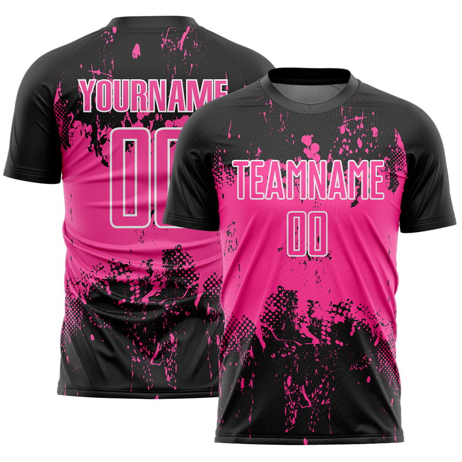Custom Black Pink-White Abstract Splatter Grunge Art Sports Sublimation Soccer Uniform Jersey