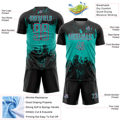 Custom Black Aqua-Neon Pink Abstract Splatter Grunge Art Sports Sublimation Soccer Uniform Jersey