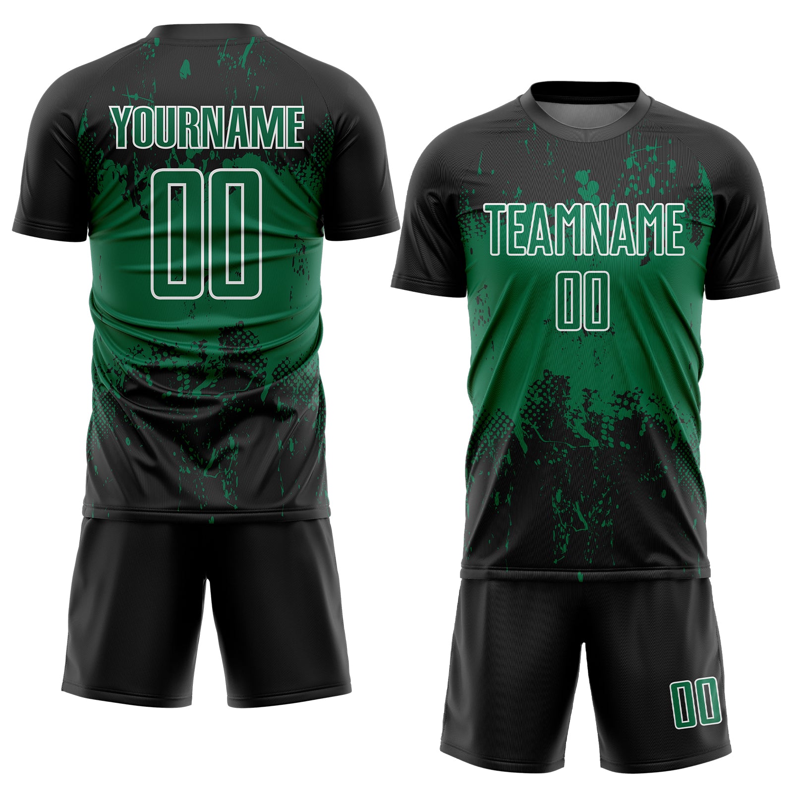 Custom Black Kelly Green-White Abstract Splatter Grunge Art Sports Sublimation Soccer Uniform Jersey