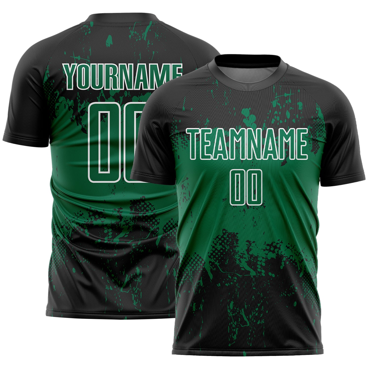 Custom Black Kelly Green-White Abstract Splatter Grunge Art Sports Sublimation Soccer Uniform Jersey