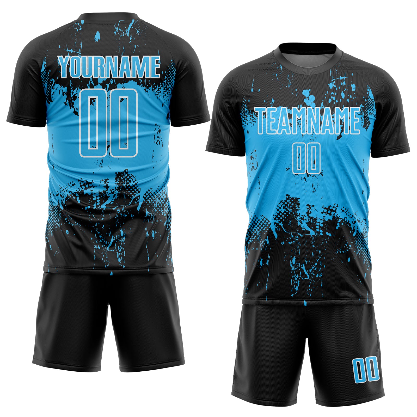 Custom Black Sky Blue-White Abstract Splatter Grunge Art Sports Sublimation Soccer Uniform Jersey